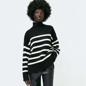 Zara Women Zip Turtleneck Sweater Ecru/Black Striped Knit Fall Winter Size Large